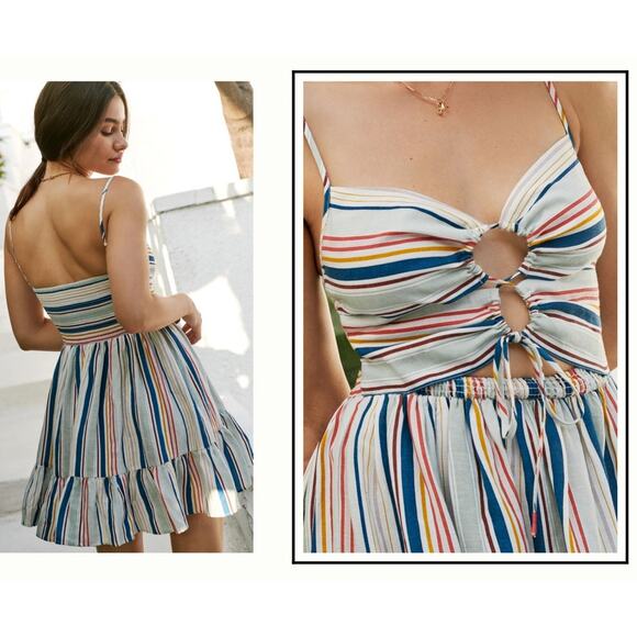 ANTHROPOLOGIE Keyhole Mini Dress Linen sz Lg NEW Boho Milkmaid Festival Indie - Picture 3 of 15